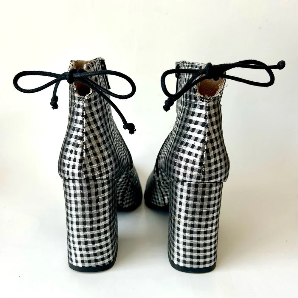 Anthropologie Metallic Check Pointed Toe Ankle Boot Silver Black Block Heel 36 - Picture 6 of 11